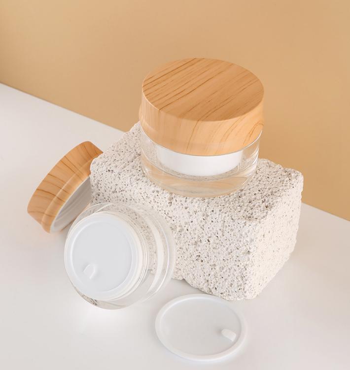 Bamboo Wood Grain Cover Lid Airless Cosmetic Bottle Jar Set skincare plastic serum lotion bottle eye cream packaging jar