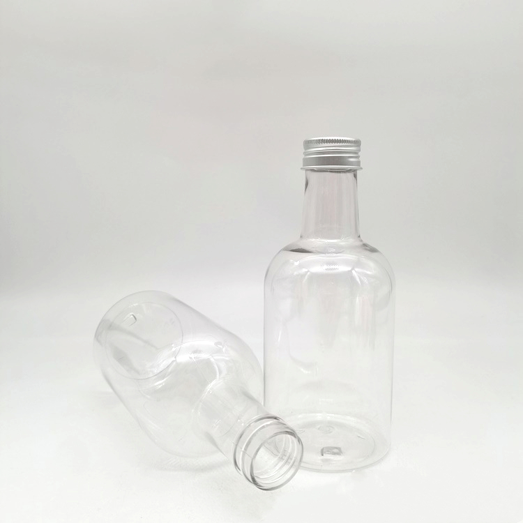 350ml 12oz 360ml 375ml 500ml pet transparent juice bottle with aluminum lid & label food grade boba milk tea whisky wine bottle