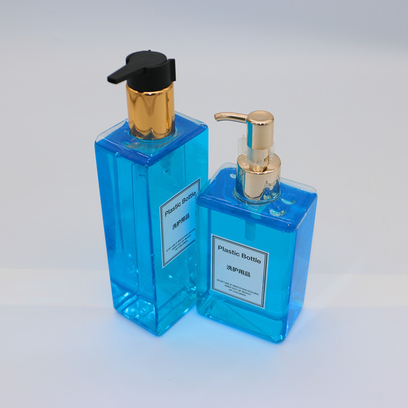 Luxury 200ml 250ml 300ml 500ml Flat Square PETG Lotion Shampoo Bottle With Gold Silver Pump Dispenser Flip Top Cap