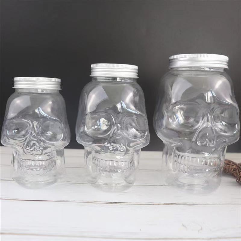 350ml 500ml 800ml Plastic Skull Bottle Wide Mouth Skull Head Juice Jar for Vodka Shot Whiskey Wine Drinking Storage Container