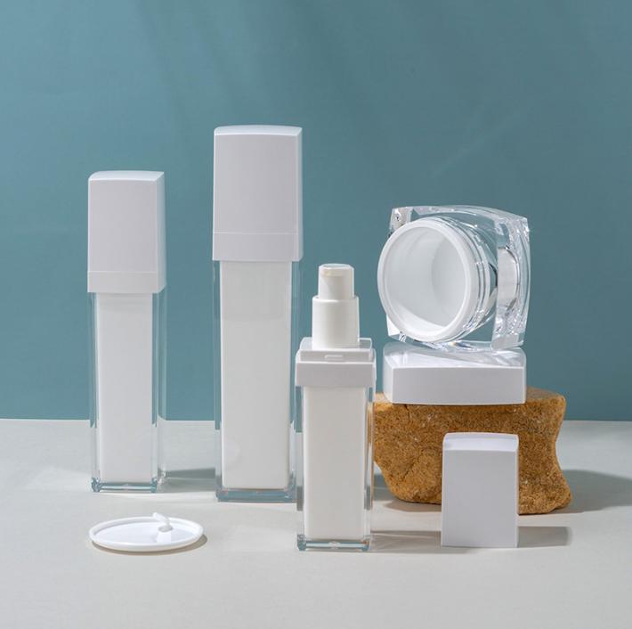 Luxury Matte Frosted White Square Cosmetic Bottle Set 30ml 50ml 100ml Acrylic Double Wall Pump Spray Bottle 30g 50g Cream Jar