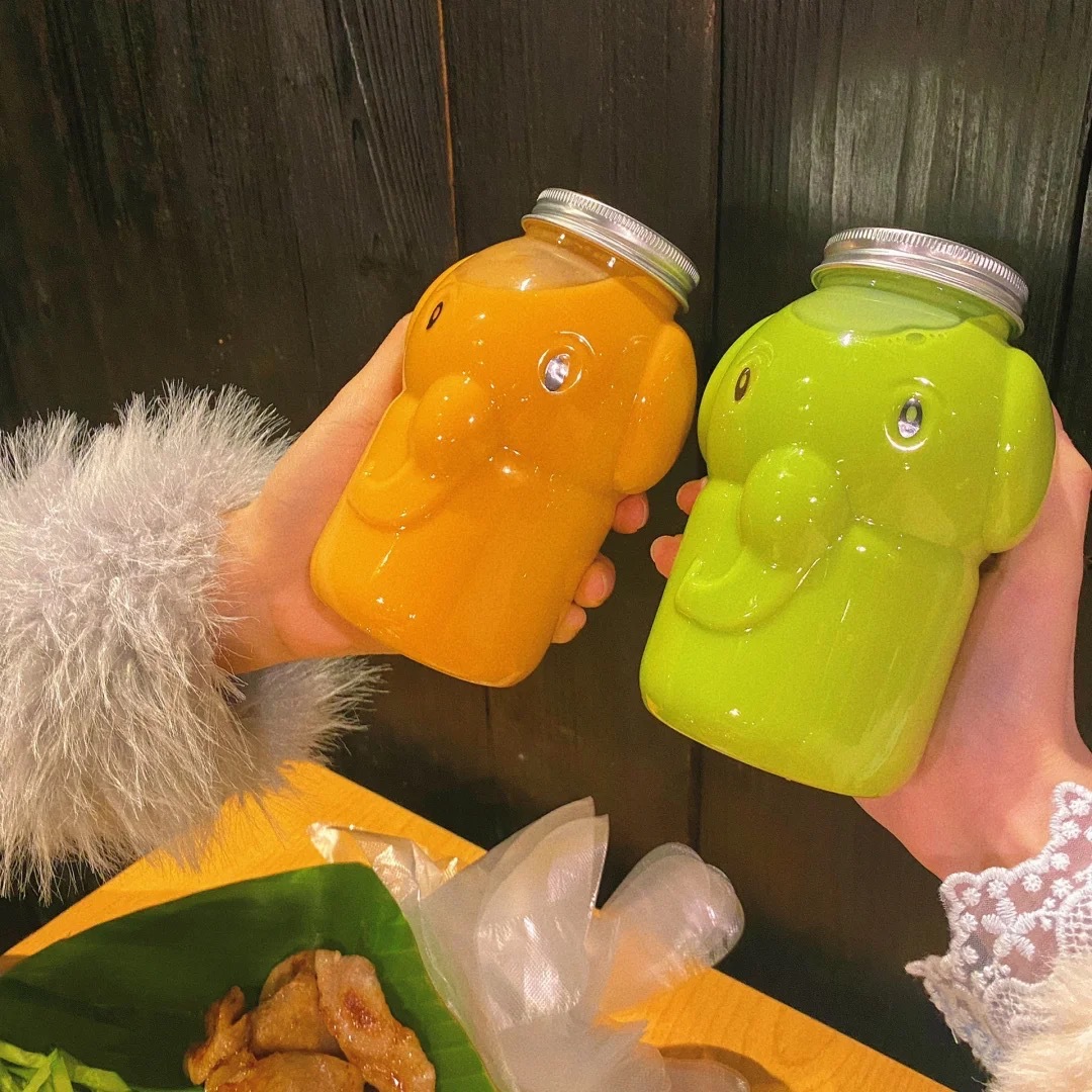 500ml cartoon elephant plastic bottle disposable pet juice bottles Cold Pressed Juice Milk tea Bottle