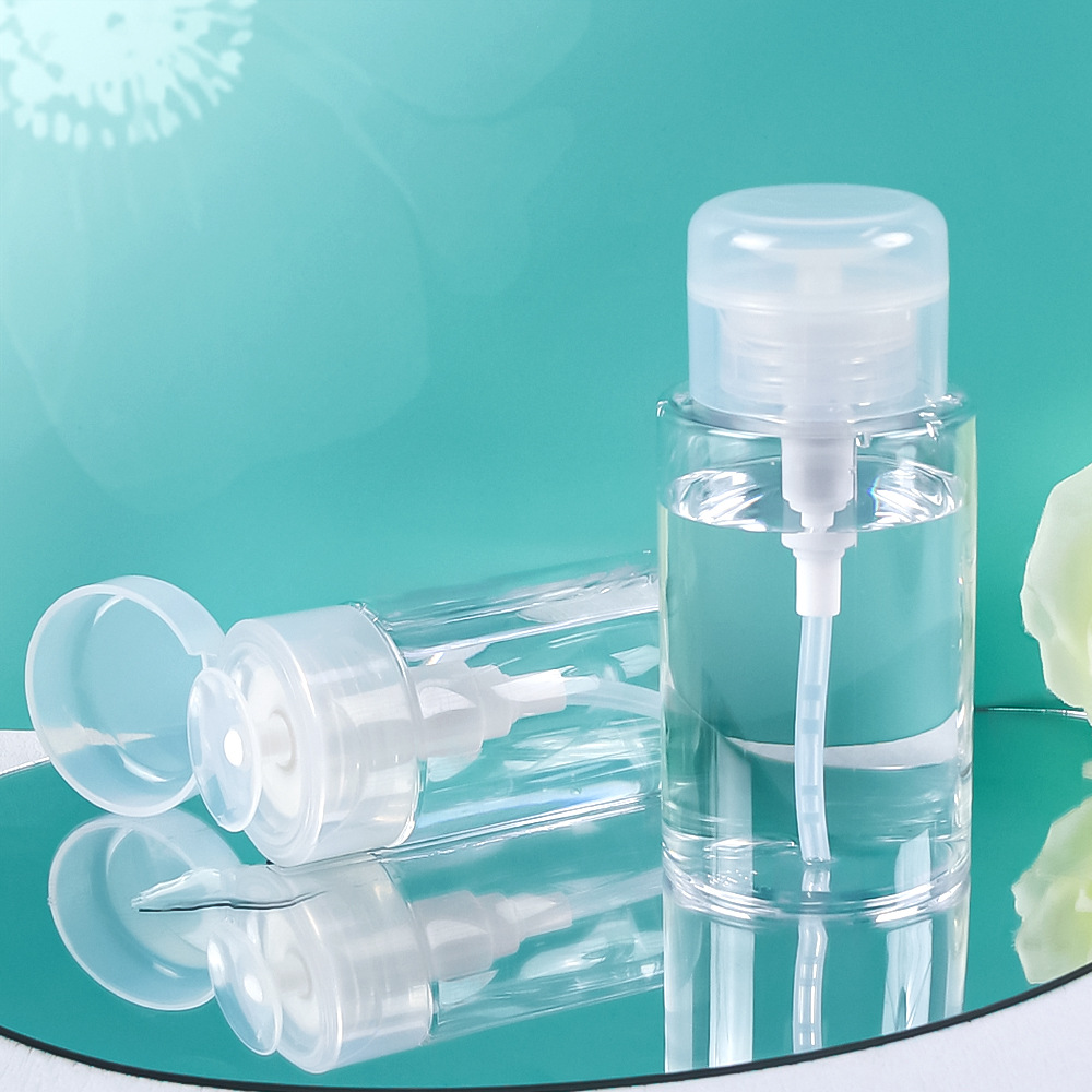 Makeup remover bottle cosmetic liquid cleaner container 30ml 50ml nail oil package customize plastic press pump with flip lid