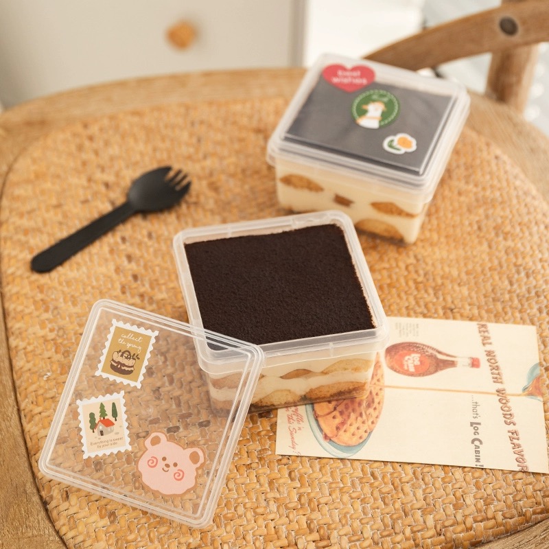 Customized PP Dessert Pudding Jars Ice Cream Cup with Lid Square Clear Tiramisu Plastic Cake Box Packaging Take-out Container