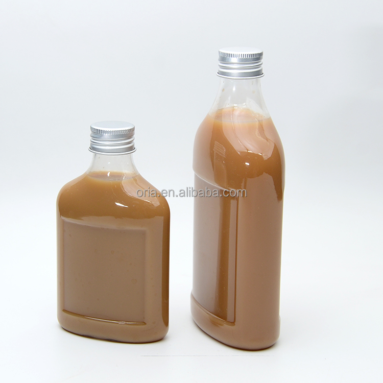 Wholesale Custom 100ml 200ml 250ml 350ml 500ml  clear Plastic flat juice bottles for soft drink With Aluminum cover