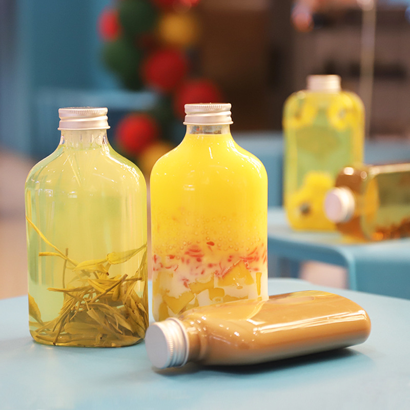 250ml 350ml 500ml Flat shapet plastic milk juice bottle drinking bottle bottles with aluminum cap
