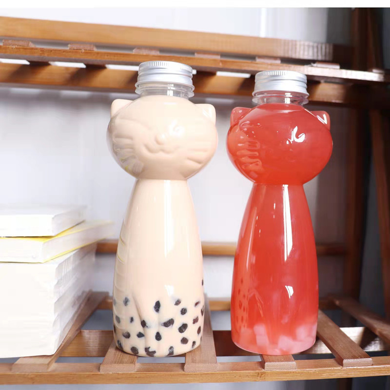 500ml Cute Animal PET Cat Shaped Bottle Plastic Yogurt Milk Tea Boba Bubble Cup Drink Smoothie Packaging Containers Candy Jars