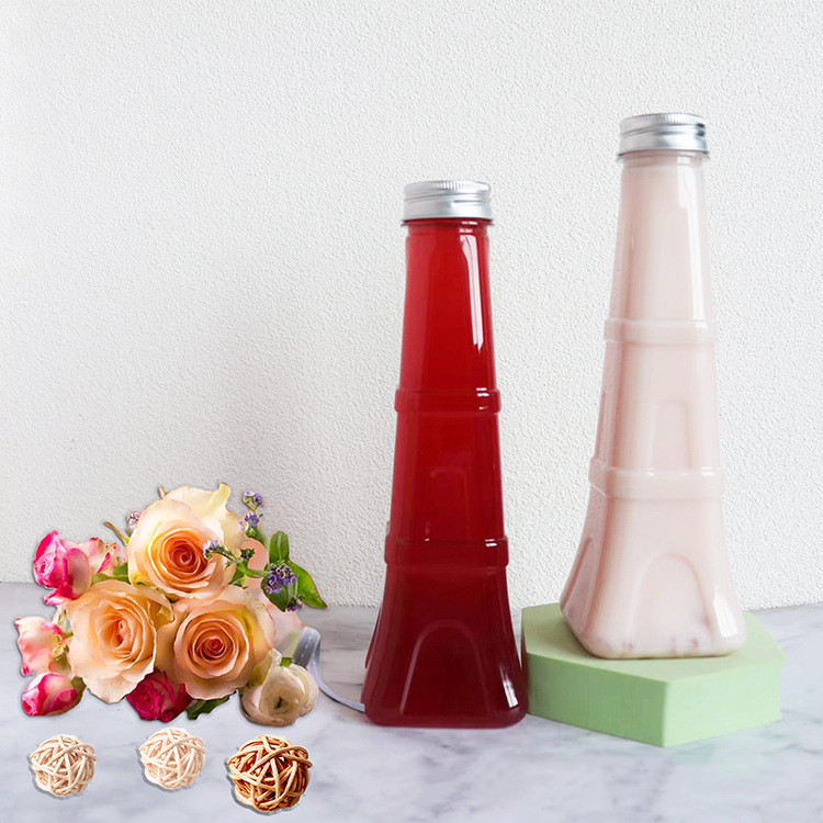 Custom 500ml/16oz Unique Creative Tower Shape Plastic Disposable Beverage Juice Bottle Drink Container Bubble Boba Cups with Lid