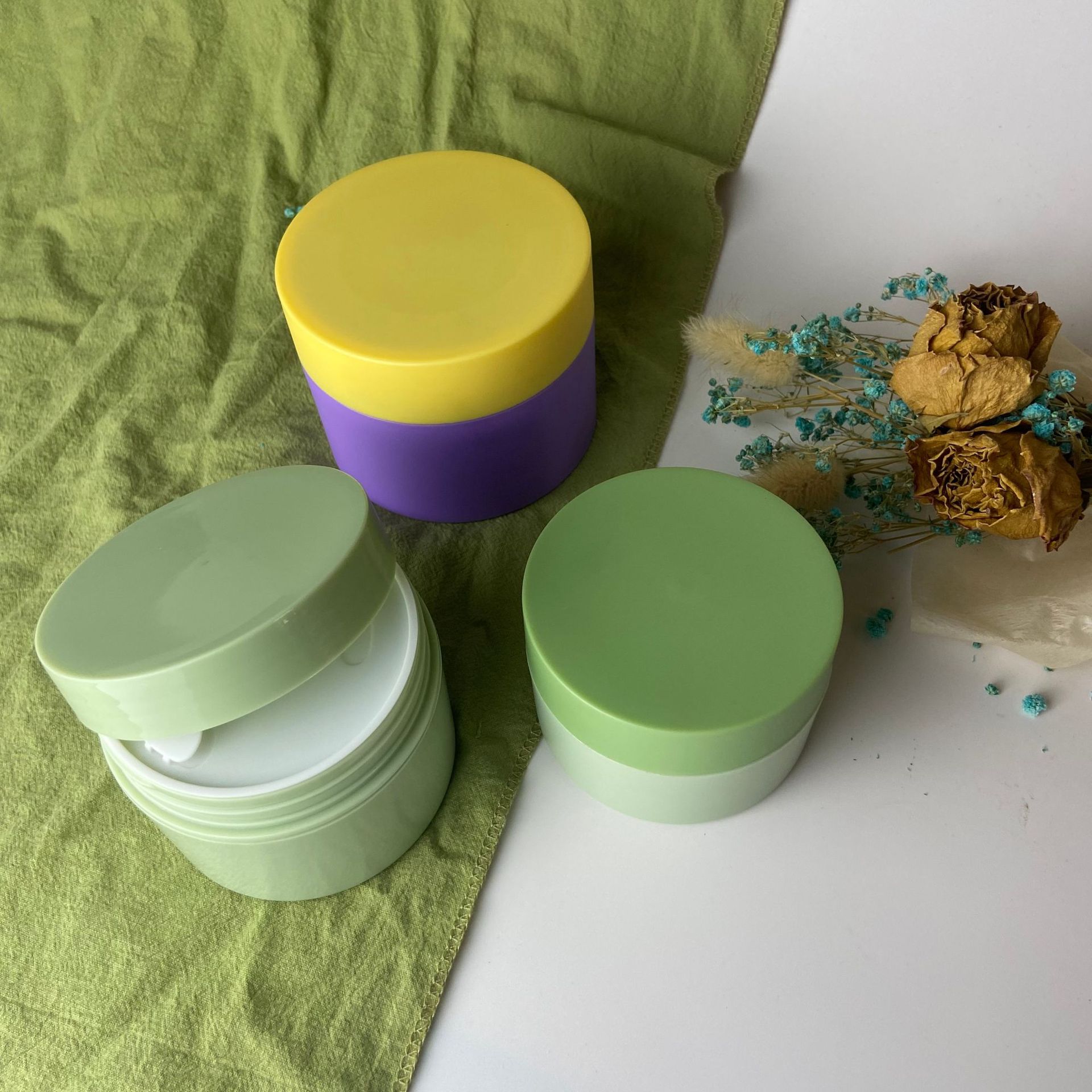 100g/200g/250g Wide Mouth Round Shape Plastic Green Cream Jars eye face cream container  Luxury Cosmetic Package