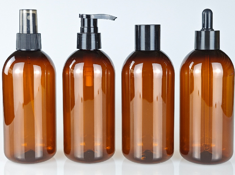 Custom 300ml PET Amber boston round Personal Care Body Lotion Packaging Shampoo Lotion Bottle plastic lotion pump bottle