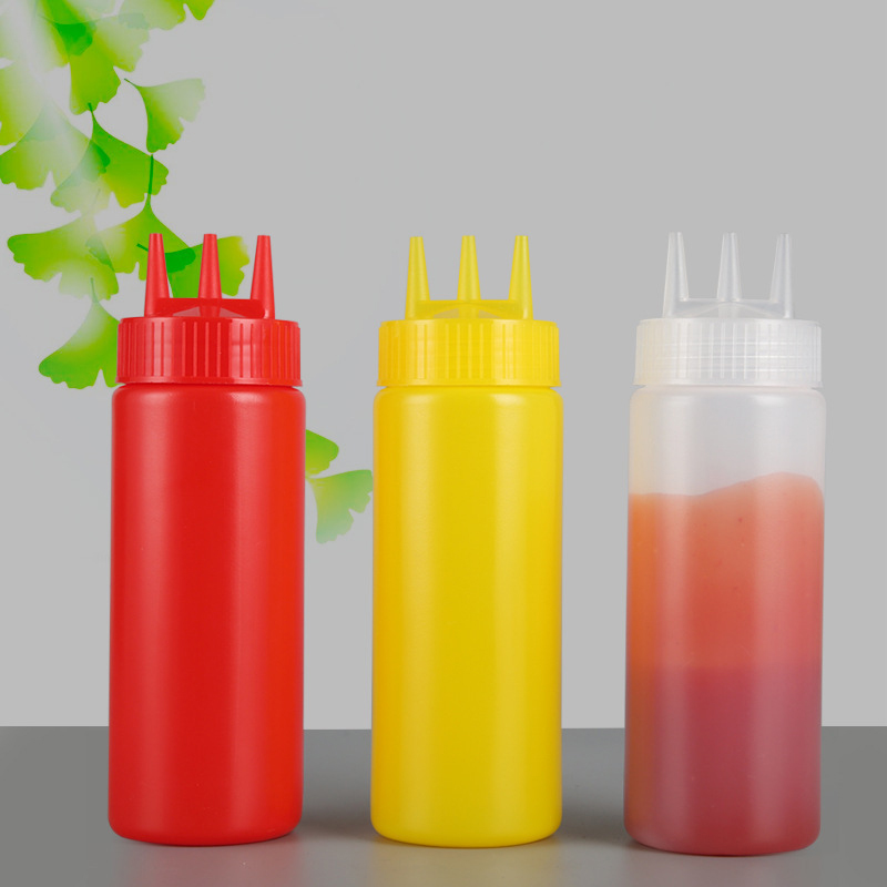 Food Grade Plastic three hole Sauce Dispense Squeeze Bottle 10oz 12oz 16oz BPA Free Refillable PE BBQ Chill Ketchup Sauce Bottle