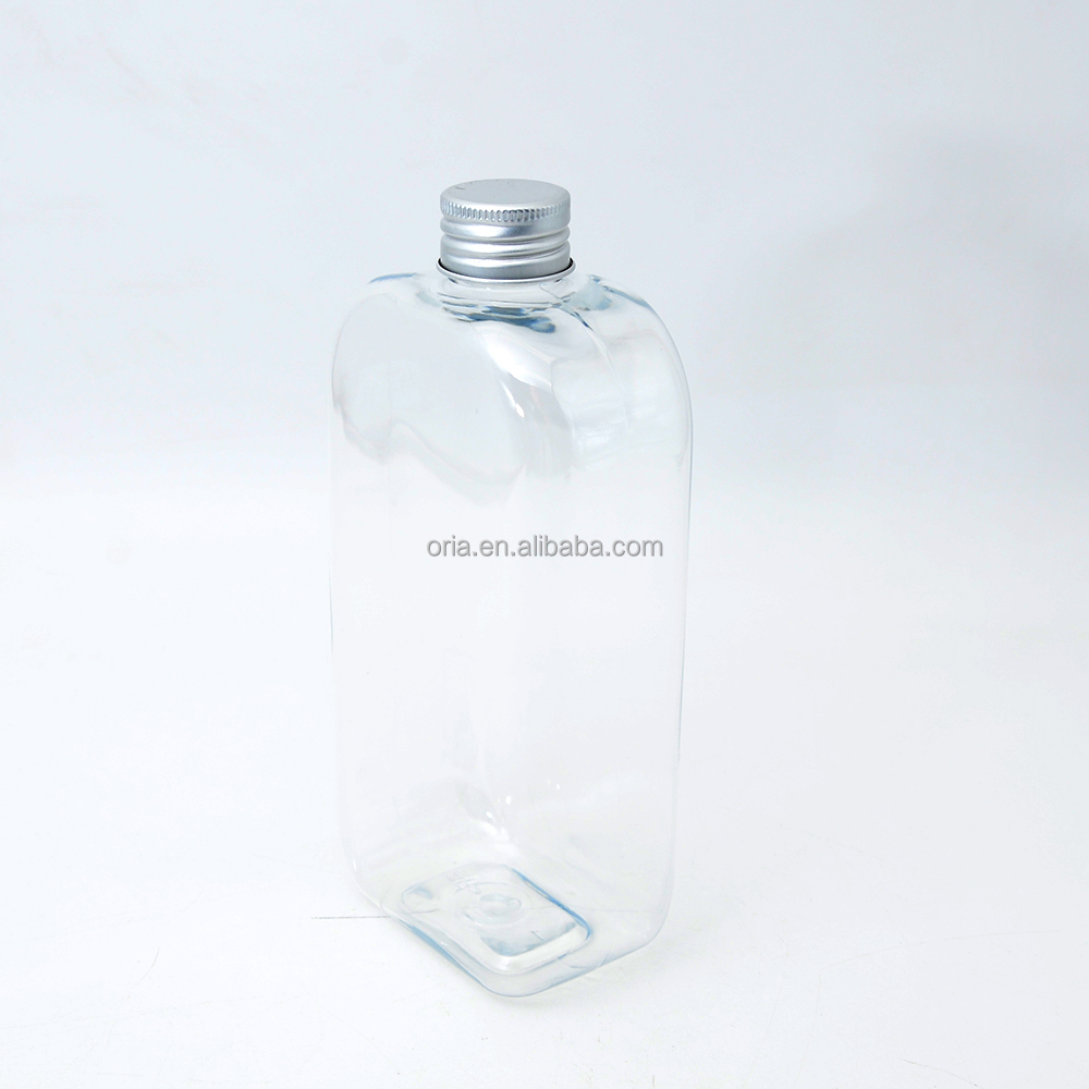 Custom 300ml 450ml 500ml Flat Square Clear  Portable PET Plastic Bottle  with Screw Lid for water milk tea