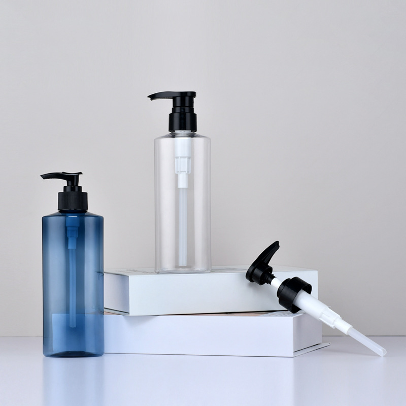 Luxury 300 ml 500ml Transparent Blue Shampoo Bottle PET Plastic Round Frosted Matte Lotion Pump Press Dispenser Bottle Wholesale