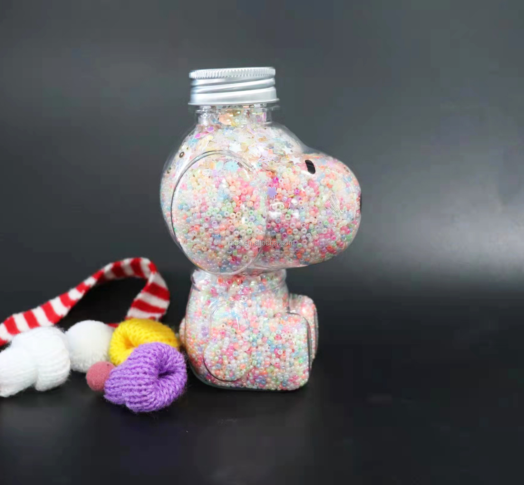 Wholesale puppy animal shaped food grade Pet plastic water bottle with aluminum lid 350ml 500ml beverage juice container