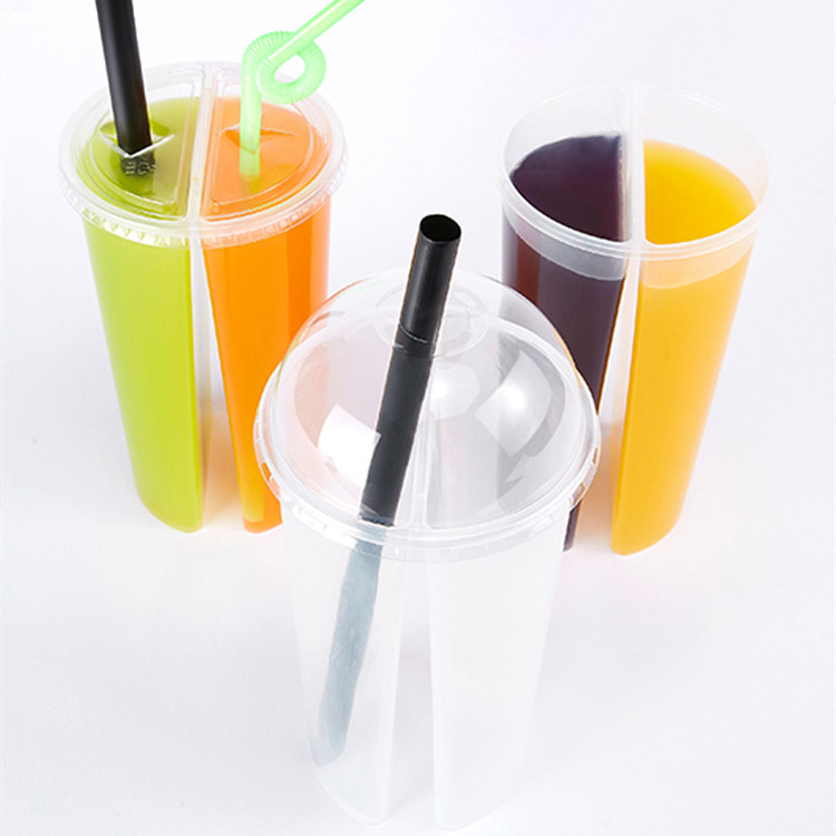700ml/24oz Disposable PP Plastic Double Shared Compartments Twin Split Cup with Lid for Slushie Juice Boba Bubble Tea Drink Cup