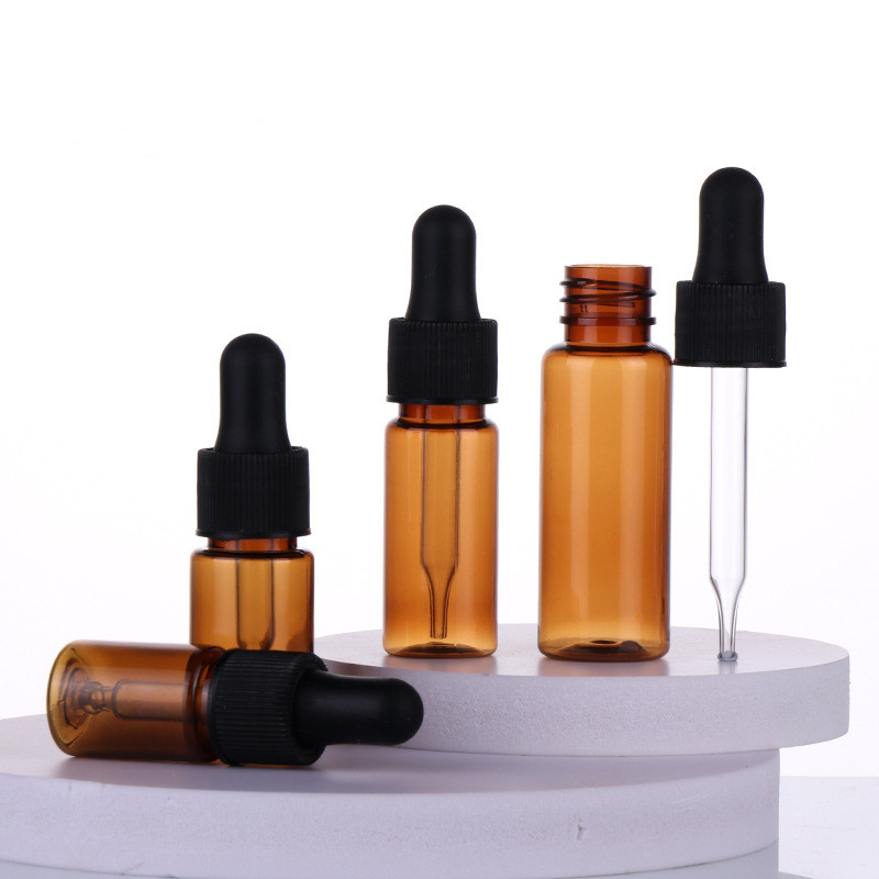 Custom Empty PET Plastic 5ml 10ml 15ml 20ml 30ml 40ml Amber Mini Luxury Essential Oil Bottle Serum Flat Shoulder Dropper Bottle