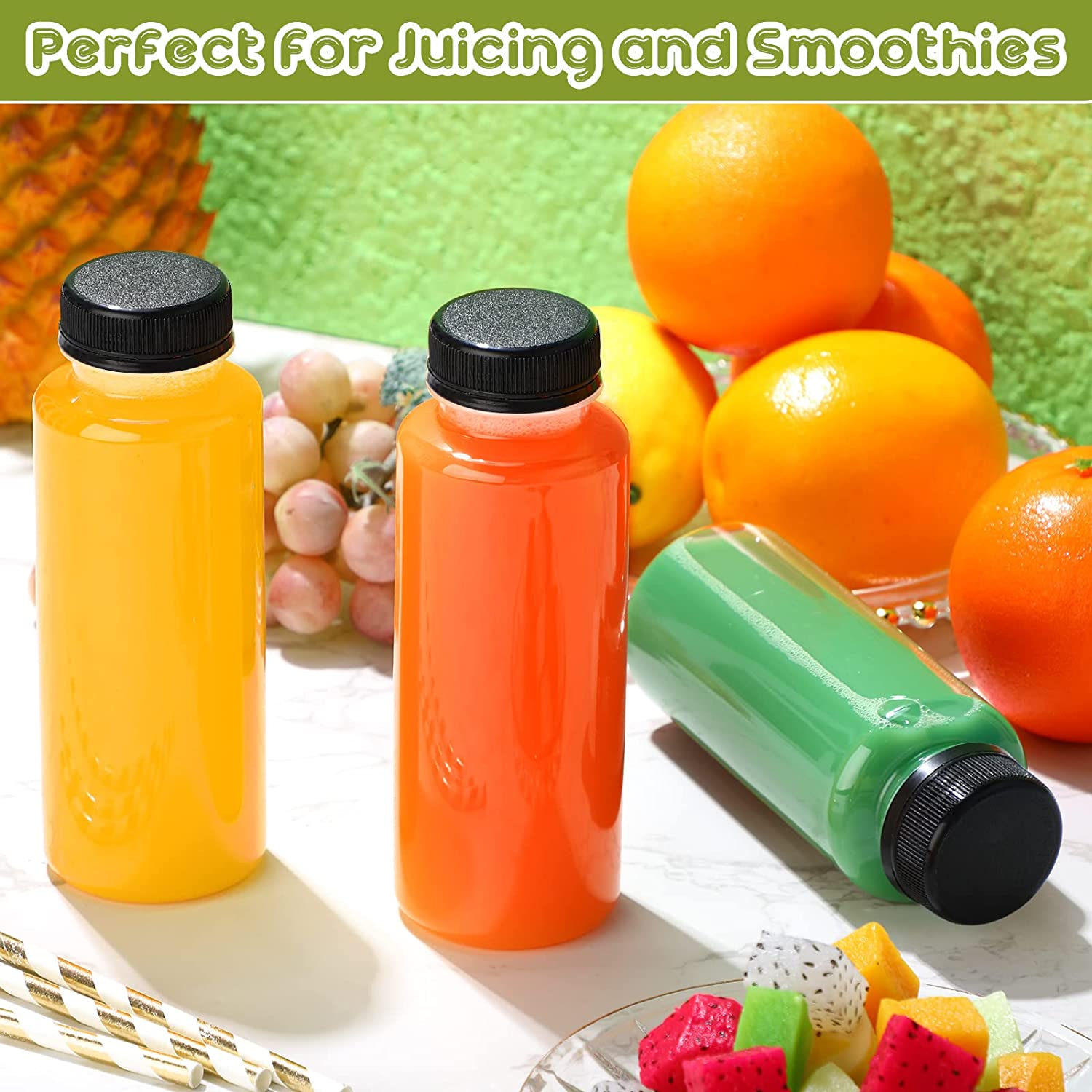 Custom 8oz 16 oz square round Plastic Juice Bottle beverage packaging bottles with Aluminum caps lids tamper proof lid cap