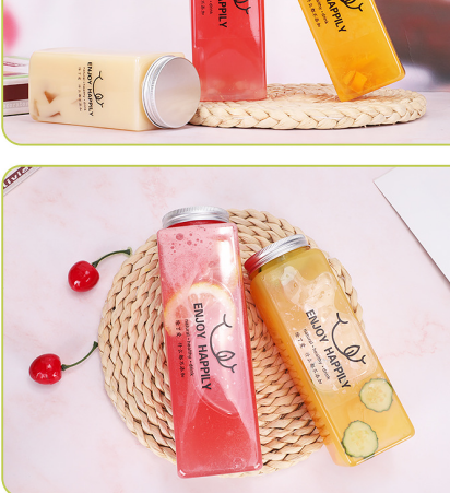 Empty Square Shape Food Grade Disposable PET Plastic Beverage Bottle with Screw Lids Fresh Fruit PET Plastic Juicer Bottle