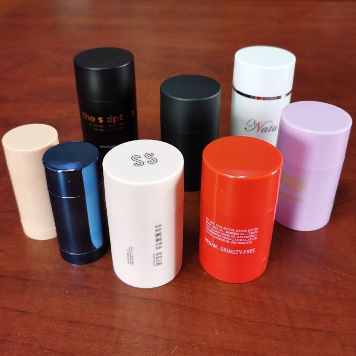 Factory stock 75g white black clear deodorant stick container packaging/AS plastic sunstick tube bottom filling