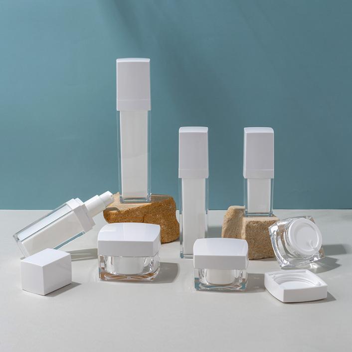 Luxury Matte Frosted White Square Cosmetic Bottle Set 30ml 50ml 100ml Acrylic Double Wall Pump Spray Bottle 30g 50g Cream Jar