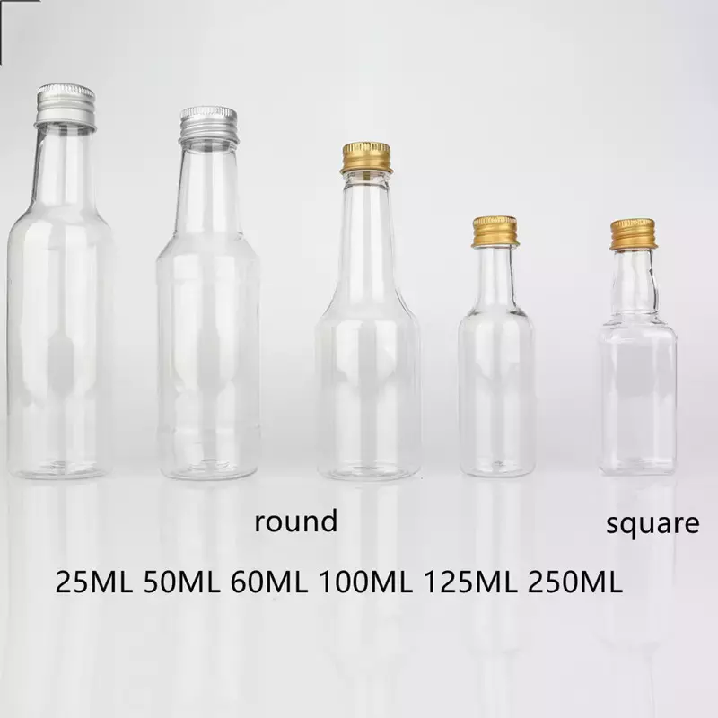Custom 1.7 fl oz Small Whisky Whiskey Bottle Empty PET Plastic Alcohol Shot Wine Mini Liquor Bottles 50ml with Tamper Proof Caps