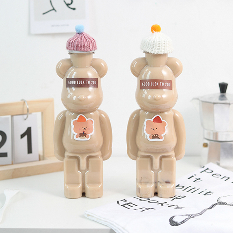 350ML 500ML 700ML Food Grade PET Bear Shaped Bottle Boba Bubble Tea Milk Shape Plastic Juice Bottle With Aluminum Cap
