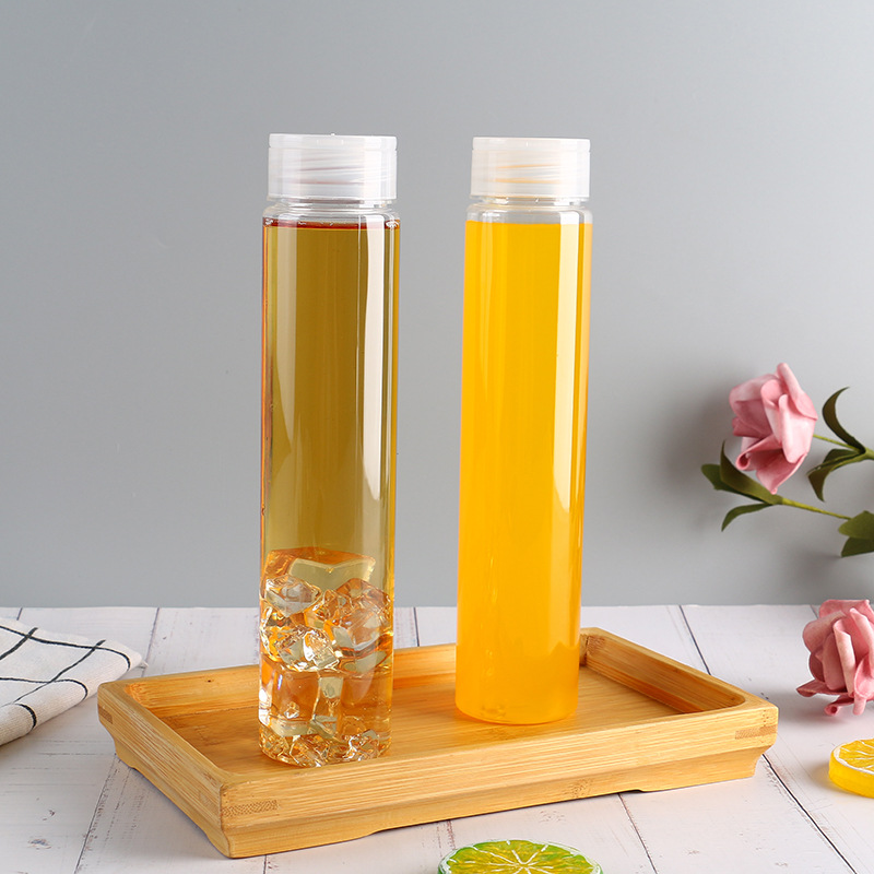 300ml Straight Sided Round Boba Tea Bottle Milk Tea Tall Tube Shape Juice Bottle Custom lOGO with Aluminum Cap PET Bubble Bottle