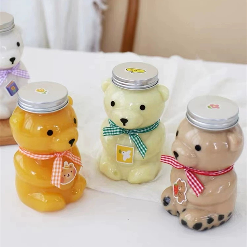 Plastic Juice Empty Jar Cute Bear Clear Bottle 300ml 500ml Custom Print Logo Cup for Cold Drink Milk Tea Coffee Milk with Cap