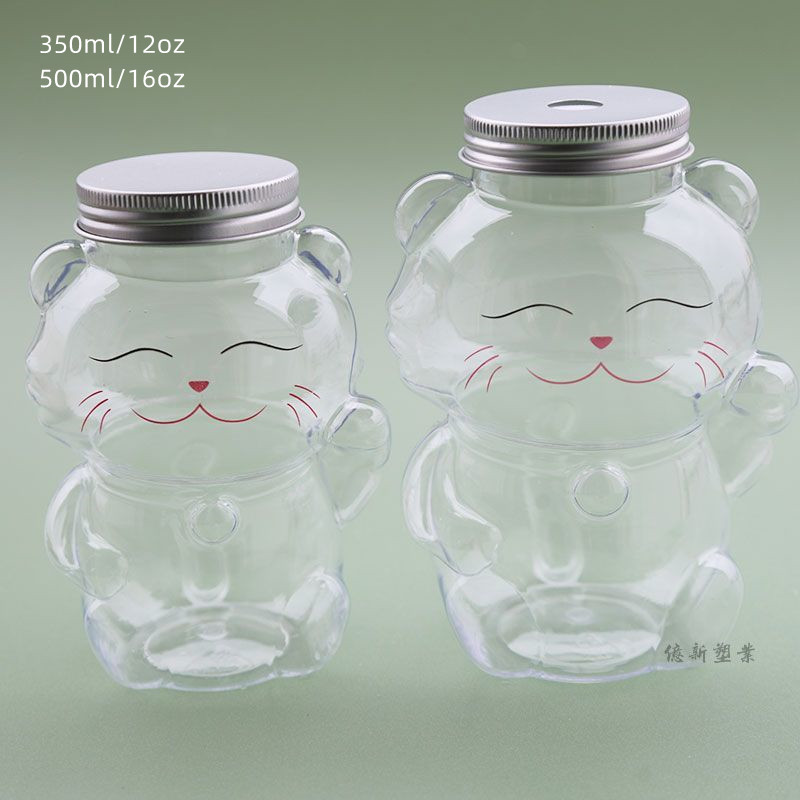 Custom 350ml 500ml Kawaii Animal Cat Shaped Water Bottle Takeout Drink Packaging Container Milk Tea Bubble Boba Tea Cup with Lid