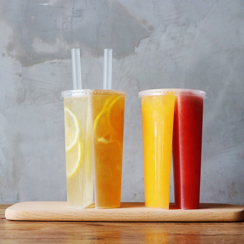 24oz 700ml PP Plastic Cup Twins Split Cups Boba Tea Bubble Tea Double Shared 2 Compartment Juice Cup With Lid Custom Logo Print
