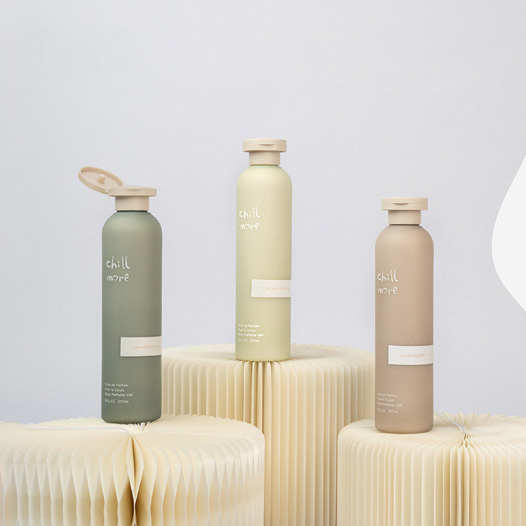 Custom 250ml soft touch round shoulder 200ml flip top green shampoo bottle 300ml pe shower gel container conditioner packaging