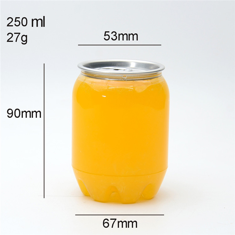 Custom 250ml 350ml 500ml PET clear plastic cans soda water beer coffee juice soft drinks cans with easy open end