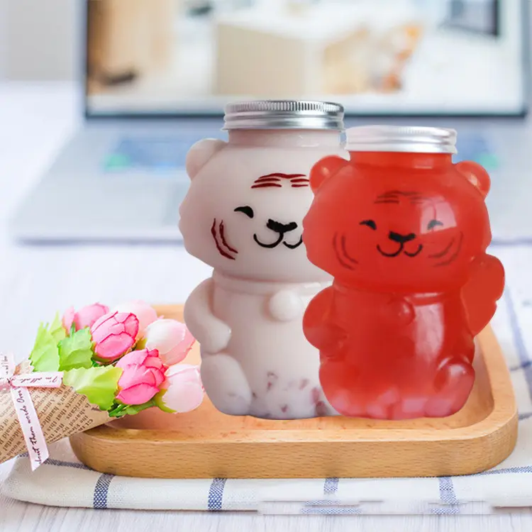 500ml/16oz Kids Cartoon Character Water Bottle Cute Animal Tiger Shaped Drinking Containers Bubble Boba MilkTea Cups Juice Jar