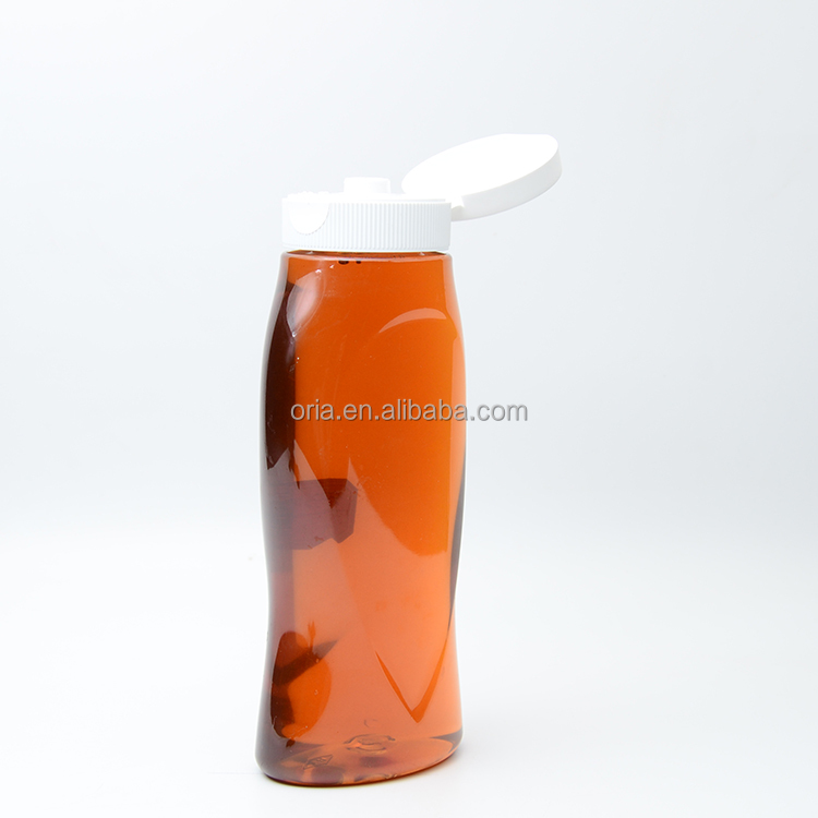 250ml 360ml 500ml Food Grade Flat Shape Transparent PET Squeeze Bottle Honey Sauce Ketchup Bottle with Seal Flip Top