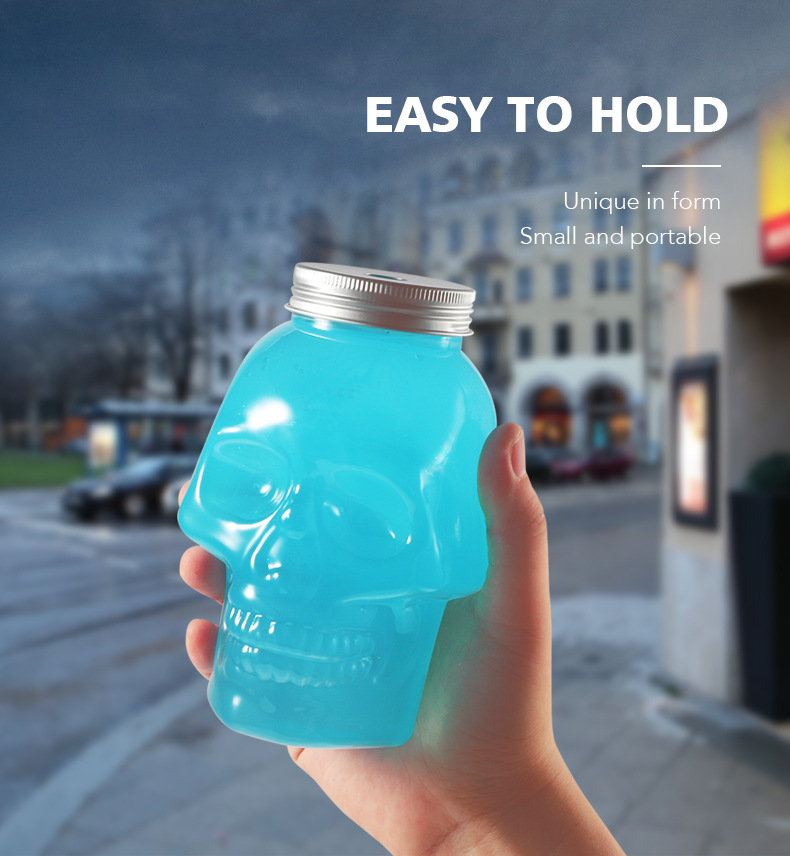 Plastic Skull Bottle 350mll 450ml Whisky Drinking Wine Cocktail Container PET Transparent Juice Cap for Tea Coffee Beverage