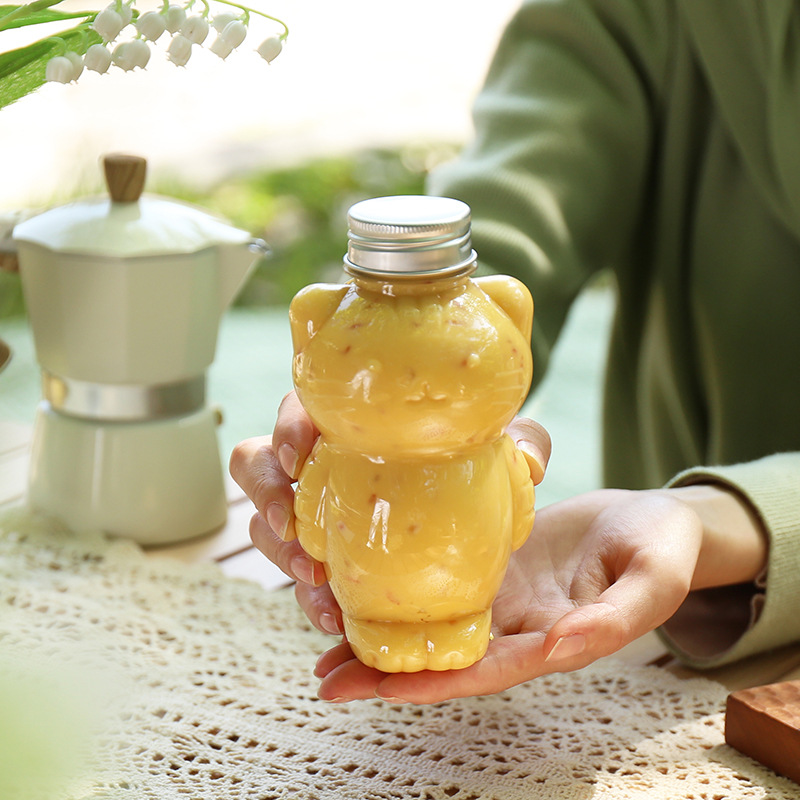 500ml Cute Animal PET Cat Shaped Bottle Plastic Yogurt Milk Tea Boba Bubble Cup Drink Smoothie Packaging Containers Candy Jars