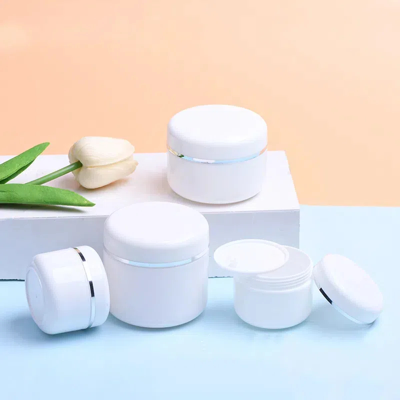 Plastic Cosmetic Face Cream PP jar 50g 100g 150g 200g 250g White Translucent Jars With Silver Ring Lid Body Scrub Balm Jar