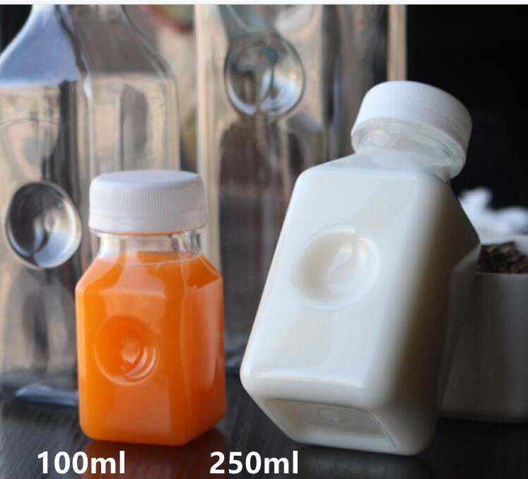 Wholesale Custom 100ML 250ML 400ML 3oz 8oz 10oz Square Bottle PET Plastic Juice Bottles Drink Container with Sealed Caps