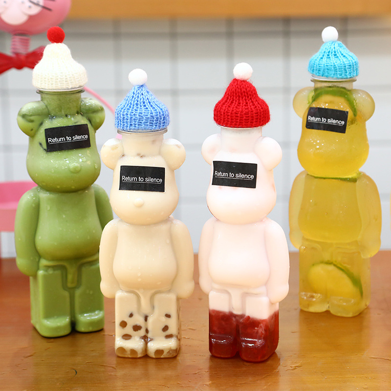 Cute Boba Cups U Shape Plastic Boba Bubble Tea Milk Bottles 16oz 500ml Clear Bear Jars for Drink Containers with Straw Hole Lids