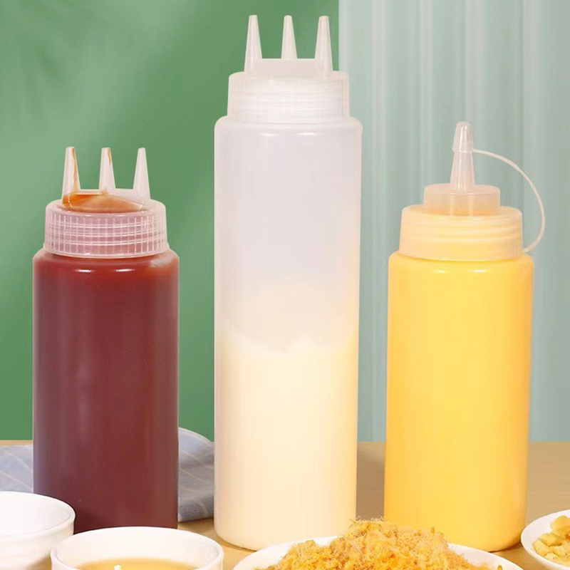 Food Grade Plastic three hole Sauce Dispense Squeeze Bottle 10oz 12oz 16oz BPA Free Refillable PE BBQ Chill Ketchup Sauce Bottle