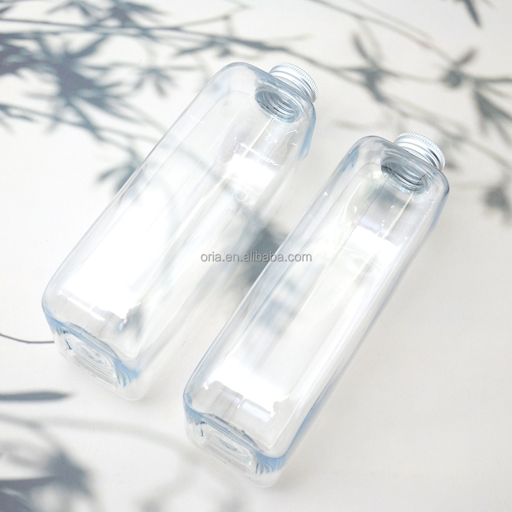 Custom 300ml 450ml 500ml Flat Square Clear  Portable PET Plastic Bottle  with Screw Lid for water milk tea