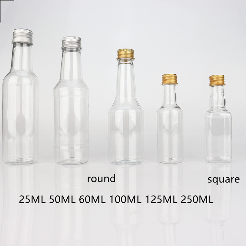 Wholesale 50ml 60ml 100ml 150ml 200ml 2oz 3oz 5oz 250ml Plastic Liquor Bottles 750ml with Cap for Mini Whisky Samples Display