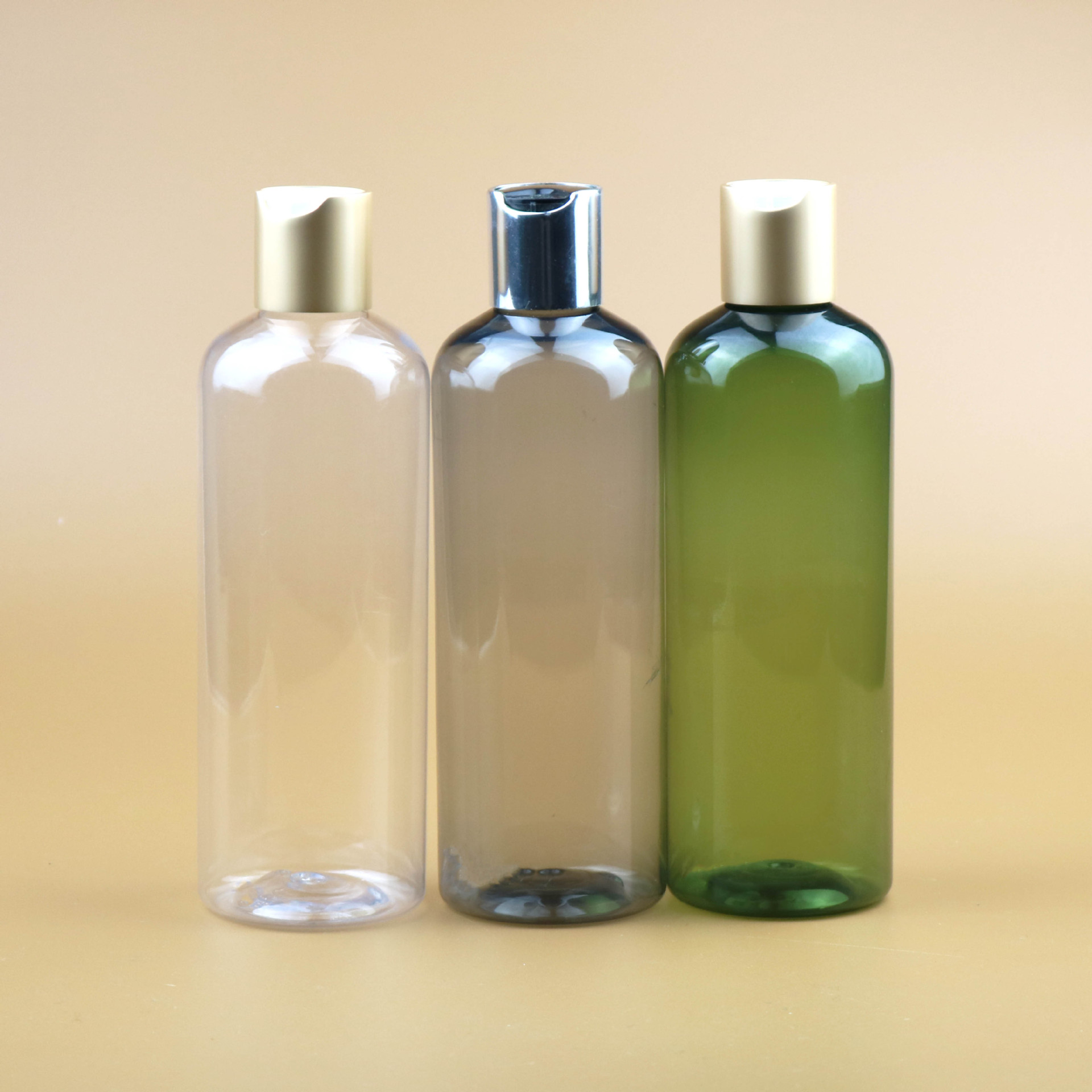 300ml flat shoulder round PET Shampoo bottle with electroplating disc cap Cosmetic Lotion Essence Toner Perfume body wash bottle