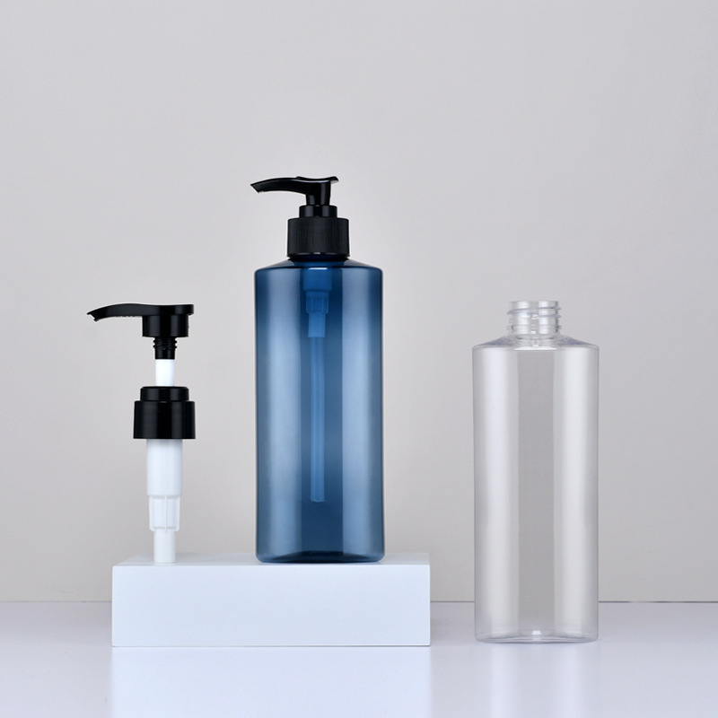 Luxury 300 ml 500ml Transparent Blue Shampoo Bottle PET Plastic Round Frosted Matte Lotion Pump Press Dispenser Bottle Wholesale