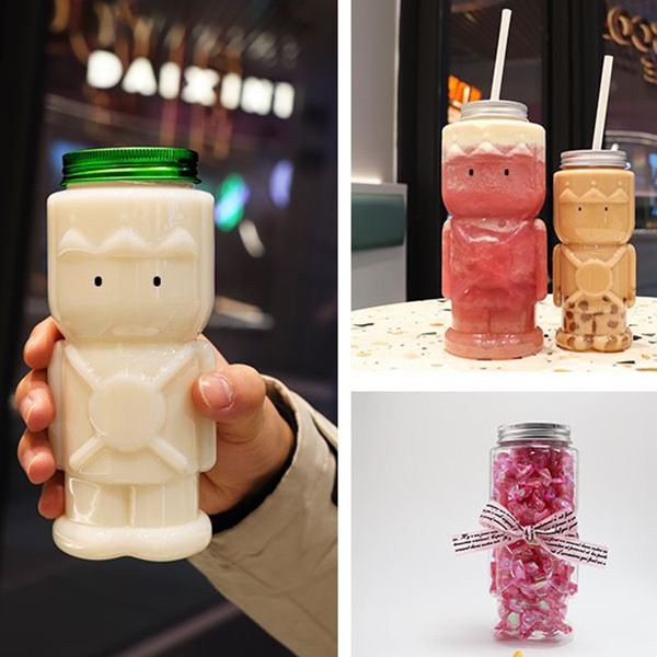 24oz Cute PET Milk Boba Bubble Tea Plastic Cup with Lids Christmas Gingerbread Man Guard Ornaments Jar Drinking Container Bottle