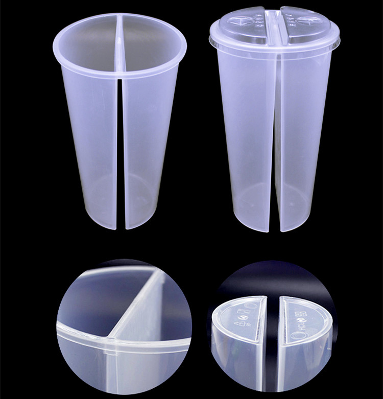 700ml/24oz Disposable PP Plastic Double Shared Compartments Twin Split Cup with Lid for Slushie Juice Boba Bubble Tea Drink Cup