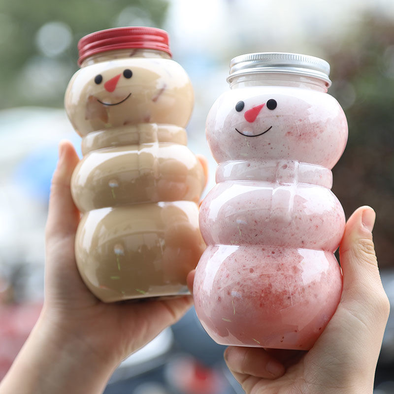 Cute Snowman Bottle for Boba Cup Milk Tea Coffee Christmas Tree Shape Plastic Juice Bottle 200ml 300ml 500ml Christmas Gift Jar