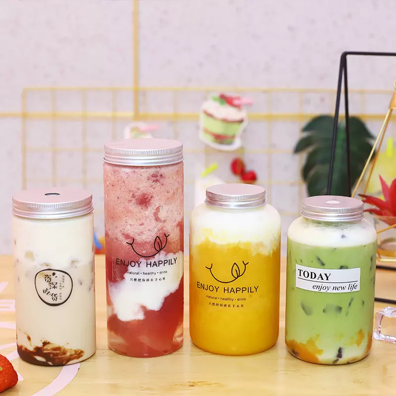500ml 650ml Empty Square PET Bubble Boba Cup Plastic Juice Beverage Smoothies Bottle Jar with Caps Silk Printing Drink Container