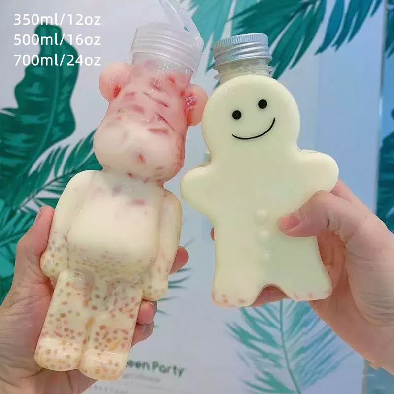 Disposable PET Transparent Creative Packaging Beverage Unique Juice Plastic Robot Skull Bear Shaped Drink Bottle Cute Boba Cups