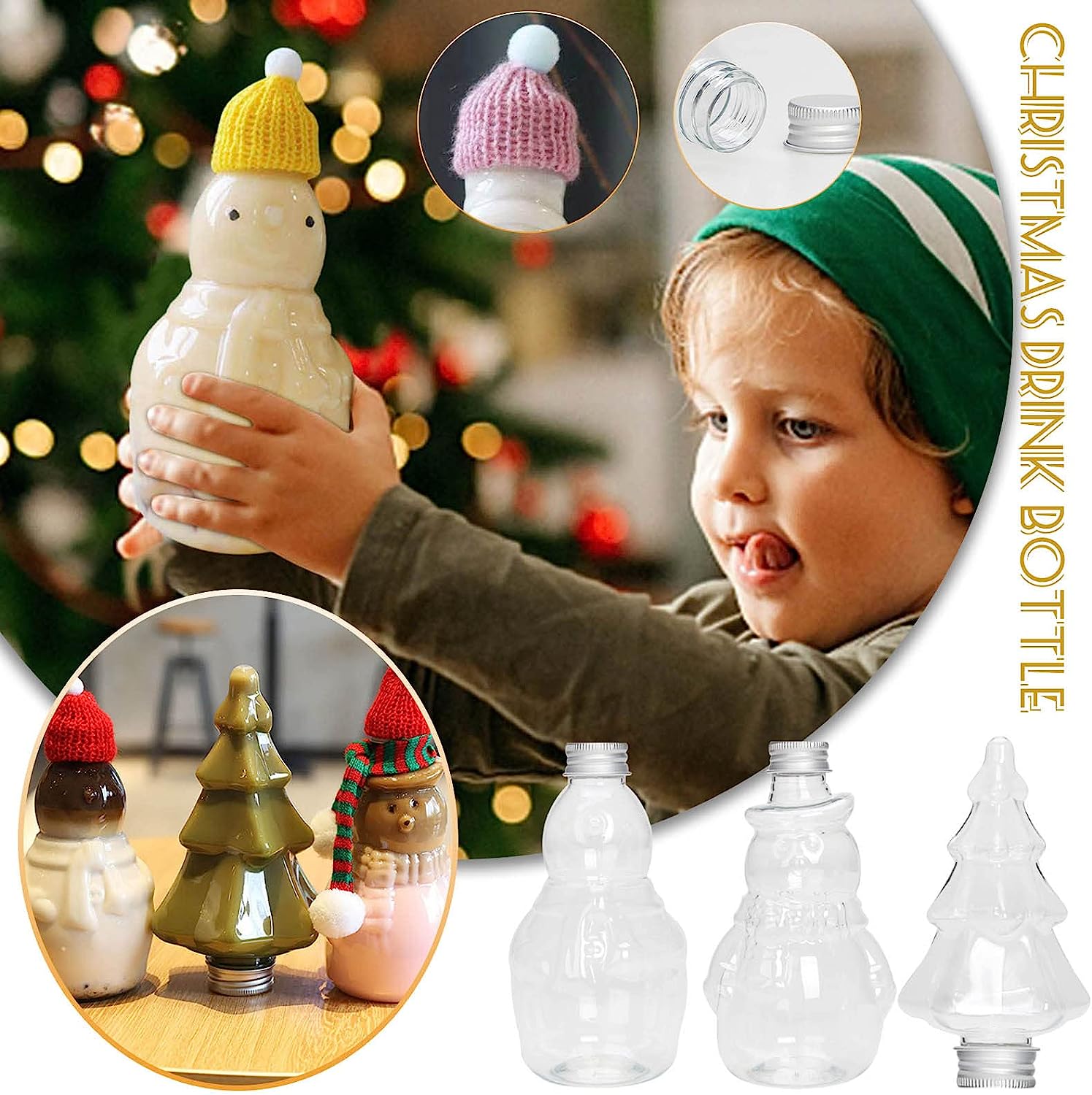 Gingerbread Man Drinking Bottle 300ml 500ml 16oz plastic juice packaging customize snowman bottle and Christmas tree bottle